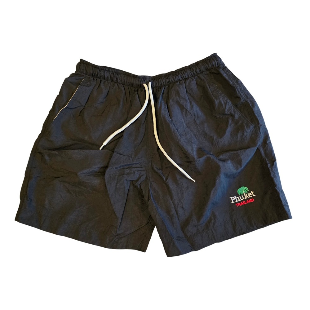 Vintage 90s Phuket Thailand Swim Trunks Black Embroidered Palm Tree Shorts Mens